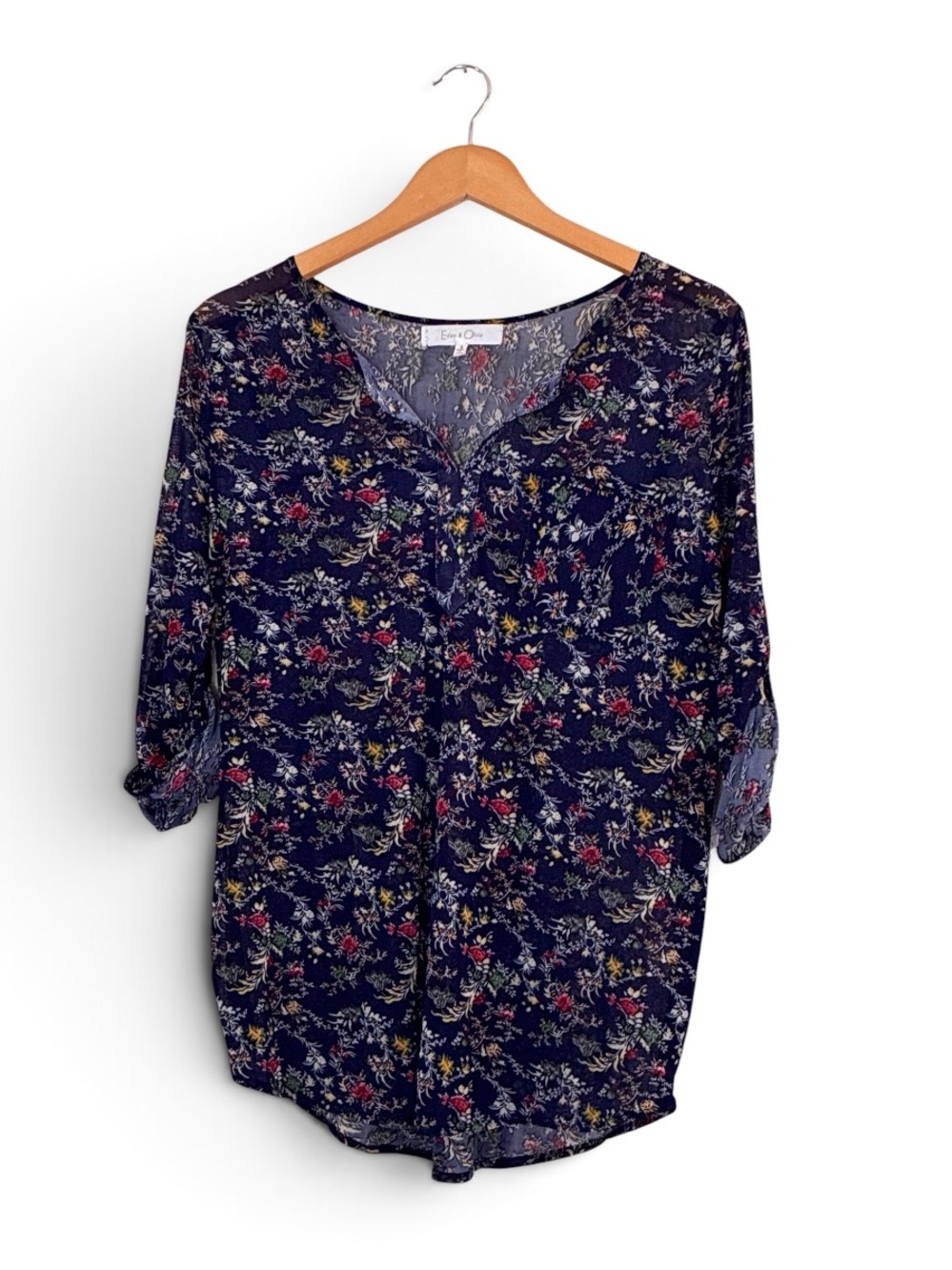 Eden & Olivia | Floral roll up sleeves lightweight mesh floral blouse size small